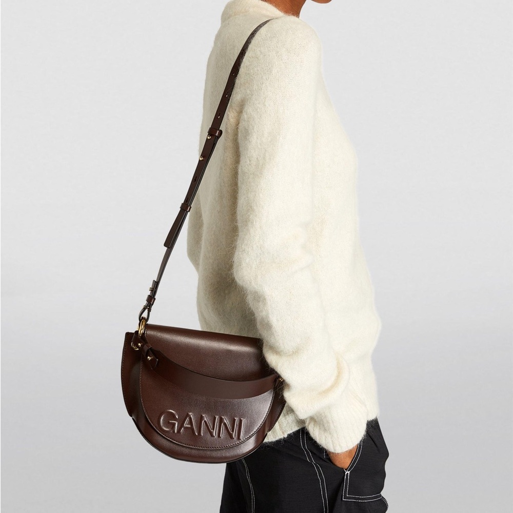 Ganni Brown Leather Banner Saddle Crossbody Bag